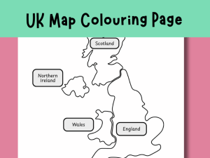 KS1 UK countries colouring page showing a simple United Kingdom map for children to colour and label