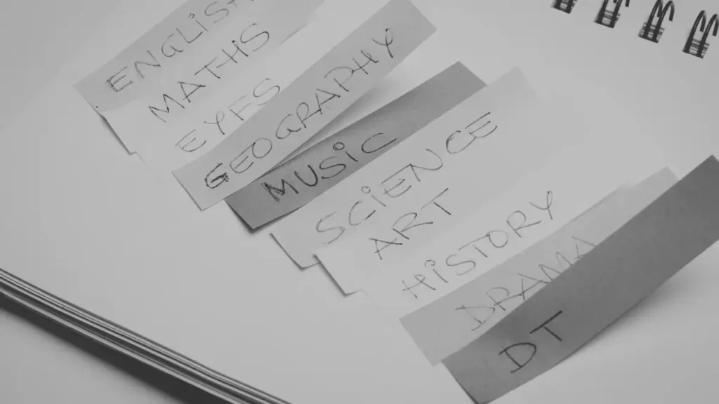 Notebook with labelled tabs for subjects such as English, maths, science, history, geography, music, art, drama, and DT.