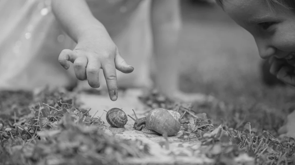 Child pointing at snails on the ground during an outdoor discovery activity, representing curiosity-led learning in home education.