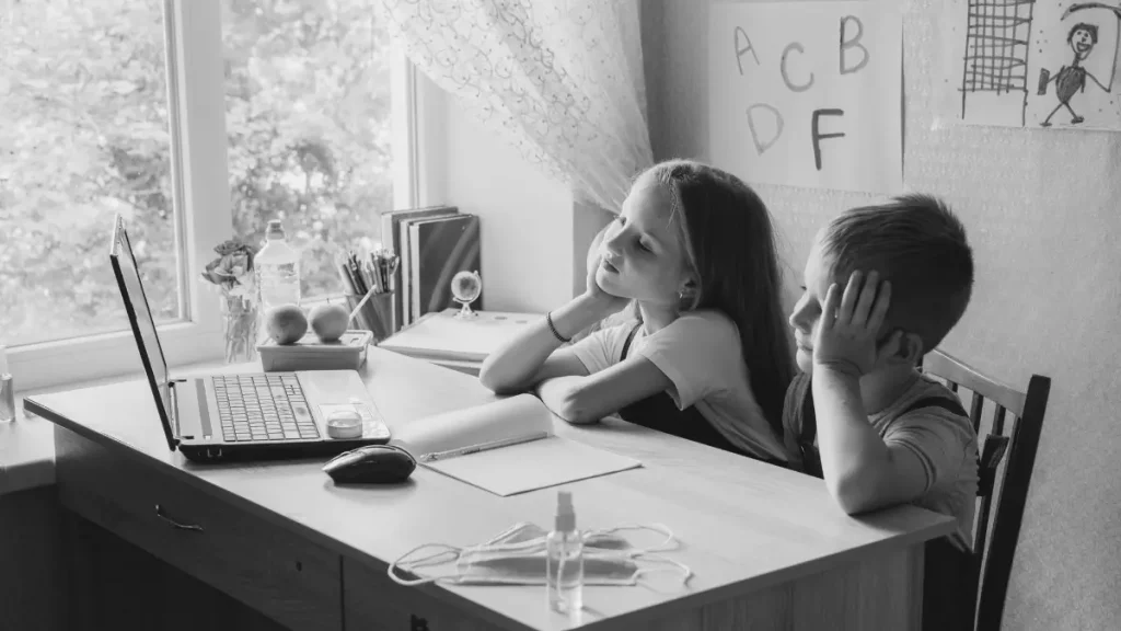 Two children sitting at a desk using a laptop, representing flexible home education and online learning at home.