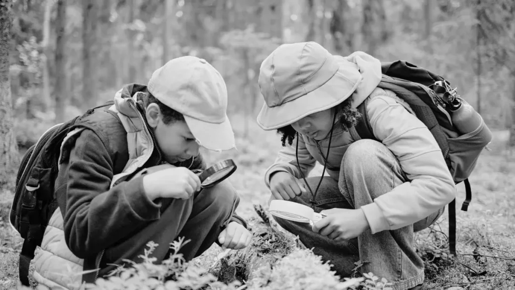 Two children in a woodland area using magnifying glasses to explore nature during an outdoor learning activity.